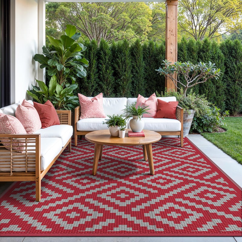 GENIMO Christmas Outdoor Rug for Patio Clearance, 6'x9' Reversible Plastic Straw Rugs, Lightweight Waterproof RV Camping Mat for Camper, Balcony, Deck, Backyard, Picnic, Red Grey - Image 2