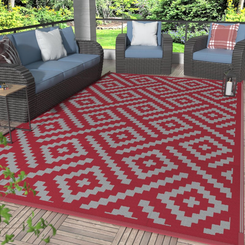 GENIMO Christmas Outdoor Rug for Patio Clearance, 6'x9' Reversible Plastic Straw Rugs, Lightweight Waterproof RV Camping Mat for Camper, Balcony, Deck, Backyard, Picnic, Red Grey - Image 1