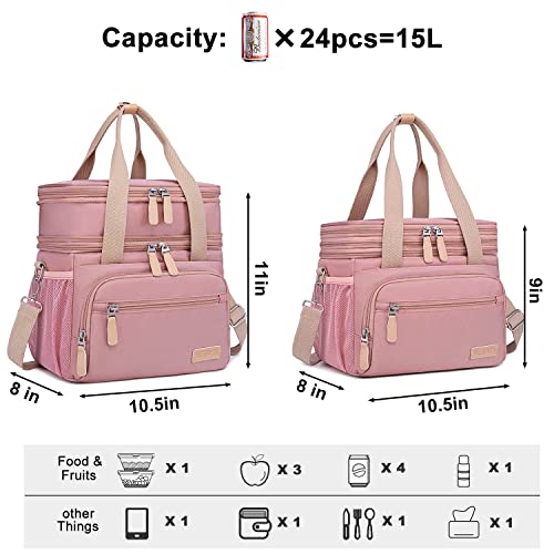 Weitars Lunch Bag for Women, Loncheras Para Mujer, Leakproof Insulated Large Lunchbox Dual Compartment Lunch Box Adult For Work Beach Picnic Hiking (15L) (Pink) - Image 3