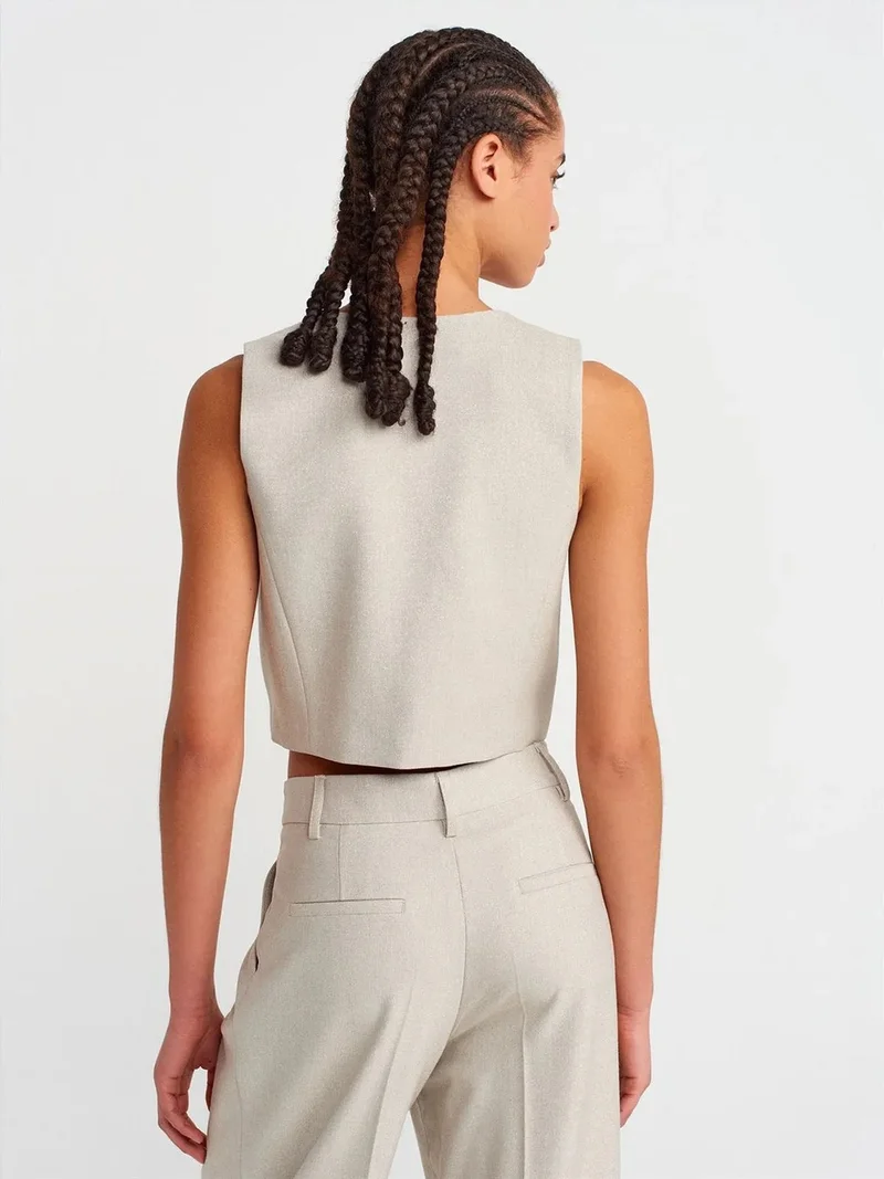 ديلفين DILVIN Women's Cropped V-Neck Button Waistcoat