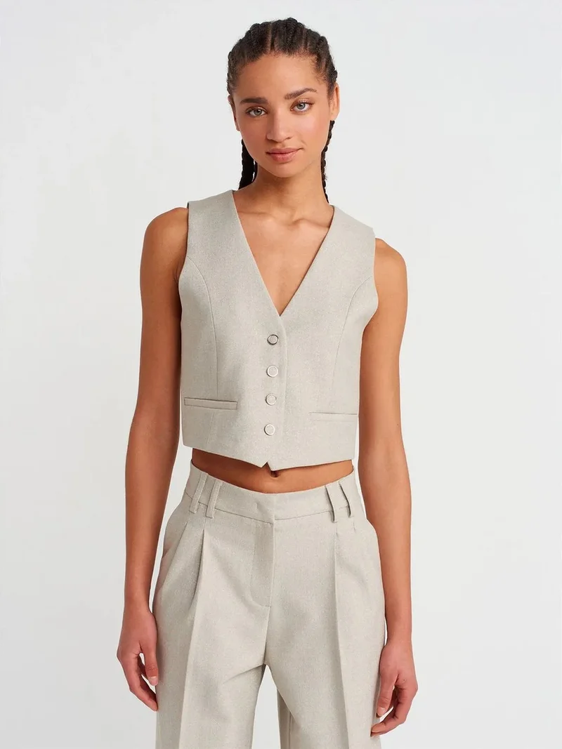 ديلفين DILVIN Women's Cropped V-Neck Button Waistcoat