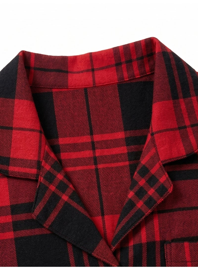Women's Plaid Pajama Set, Short Sleeve Button Shirt & Shorts Sleepwear, Red & Black - Image 5