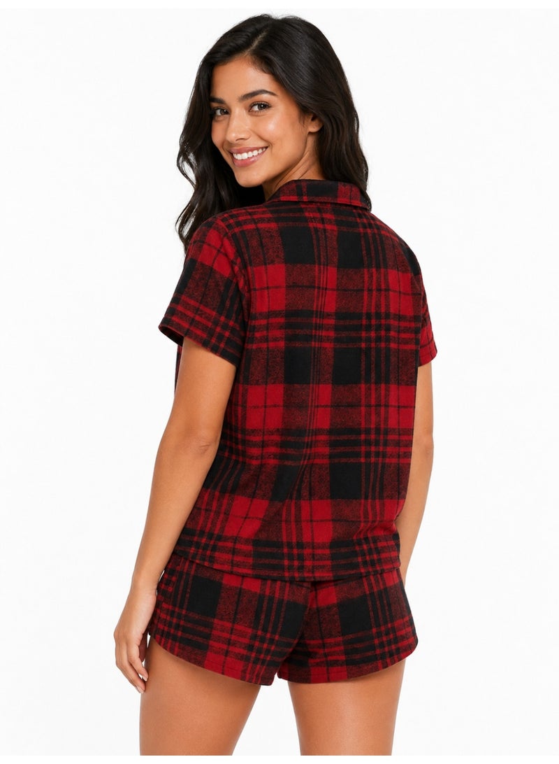 Women's Plaid Pajama Set, Short Sleeve Button Shirt & Shorts Sleepwear, Red & Black - Image 4