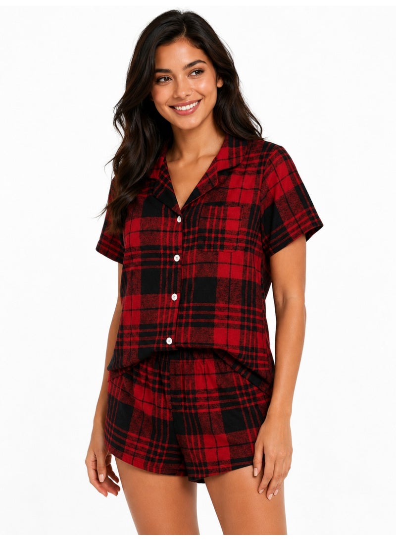 Women's Plaid Pajama Set, Short Sleeve Button Shirt & Shorts Sleepwear, Red & Black - Image 3