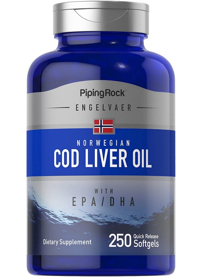 Piping Rock Cod Liver Oil Capsules  250 Softgels  With Epa Dha  Engelvaer Norwegian  Nongmo Gluten Free Supplement  - Image 1