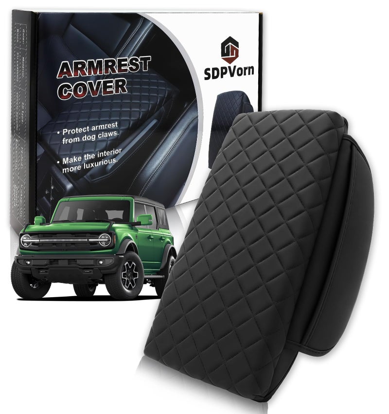 SDPVorn Armrest Cover for Ford Bronco 2021-2025 Center Console Pad with Organizer Storage Pockets, Black Faux Leather Arm Rest Lid Protector Cushion Interior Accessories 2/4 Door (for Bronco) - Image 1