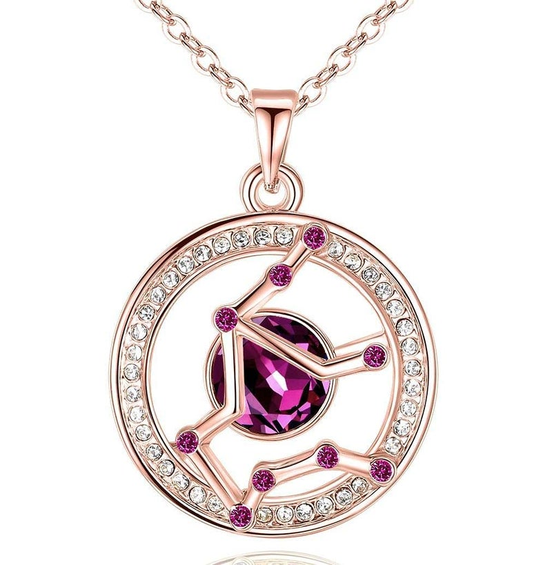 Leafael "Superstar Zodiac Constellation Pendant Necklace Made with Premium Crystal January Feburary Birthstone Dark Pink Horoscope Jewelry, Aquarius, 14k Rose Gold Plated, 18"+2" - Image 1
