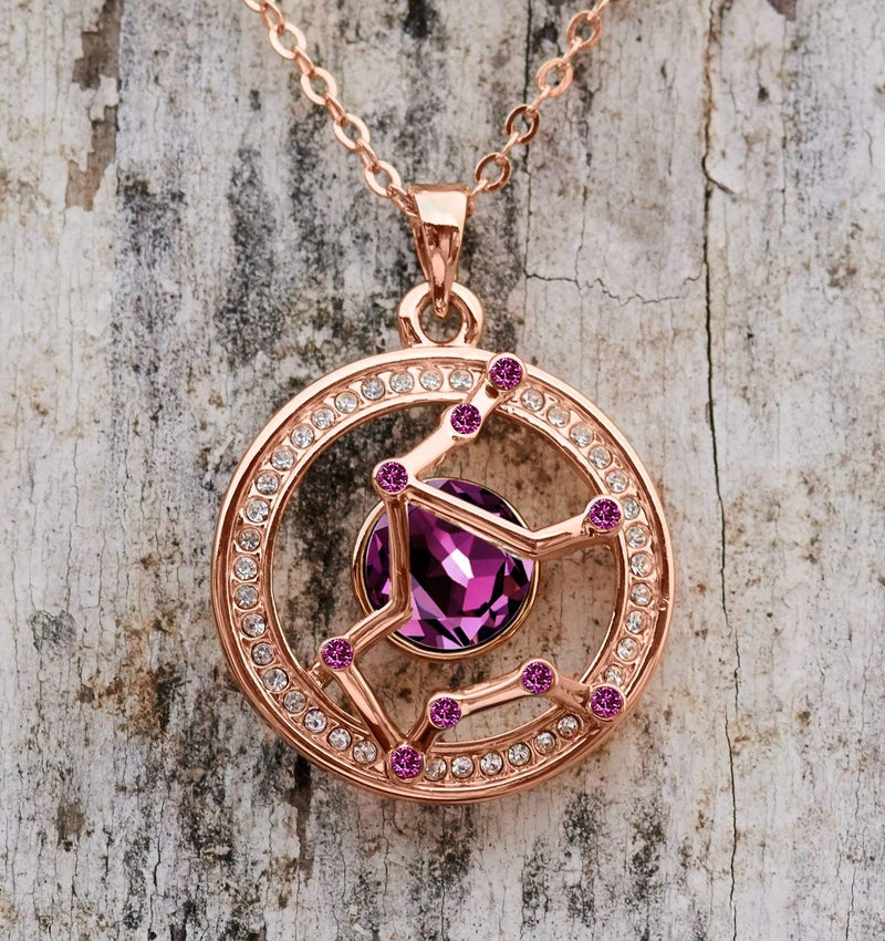 Leafael "Superstar Zodiac Constellation Pendant Necklace Made with Premium Crystal January Feburary Birthstone Dark Pink Horoscope Jewelry, Aquarius, 14k Rose Gold Plated, 18"+2" - Image 2