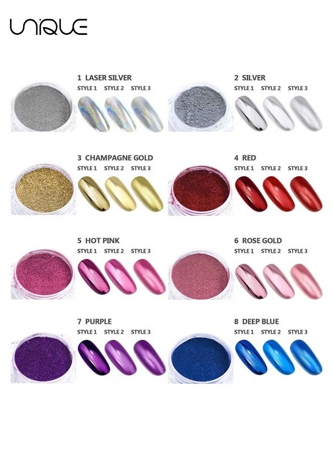 Unique Nail Powder Wenida 8 Colors 1g/Jar Holographic Chrome Mirror Laser Synthetic Resin Pigment Manicure Art Decoration with 8pcs Eyeshadow Sticks - Image 3