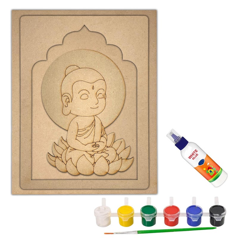 Wrapping Studio MDF Board for Lippan Art - Pre-Marked Baby Lord Buddha Design Cutouts for Craft, Painting, DIY Projects - Eco-Friendly MDF Wood, 30x23 cm, with Colors and Glue - Image 1