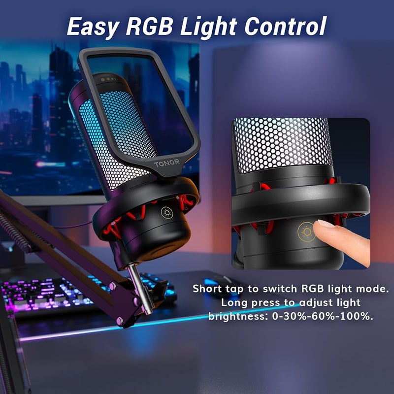 تونور ميكروفون كمبيوتر للألعاب بمنفذ USB بتقنية RGB، ميكروفون مكثف احترافي مع ذراع دعم للبث والتسجيل على اليوتيوب وديسكورد والألعاب، التعليق الصوتي للكمبيوتر والكمبيوتر المحمول وماك TC310+، أسود - Image 4