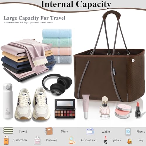 QOGiR Neoprene Multipurpose Beach Bag Tote with Inner Zipper Pocket (Brown, Large) - Image 5