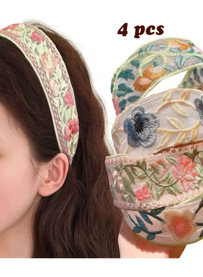 NIBEMINENT 4-Piece Floral Headband, Garden Headband, Embroidery Wide Hair Band, Vintage Flower Headbands, Lightweight, Sweet Hairbands Hair Accessories - Image 1