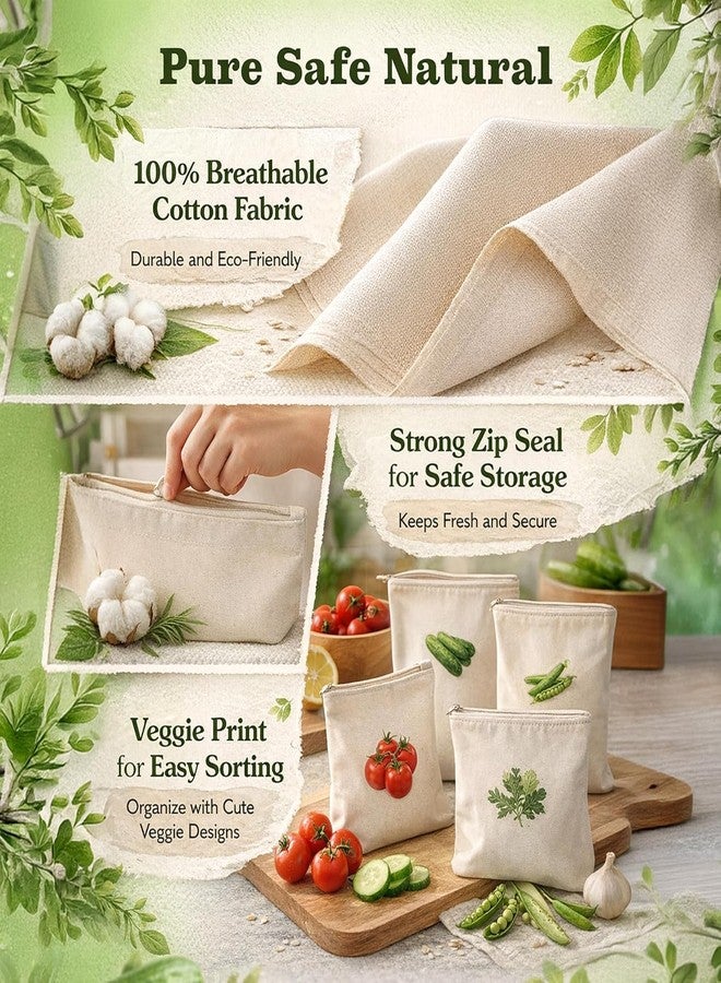 KRIVTEJ Reusable Cotton Vegetable Bags for Fridge – Breathable, Washable, Plastic-Free Ziplock Storage Bags for Fruits & Vegetables, 12x12 Inches, Pack of 10, Eco-Friendly Kitchen Organizer - Image 4