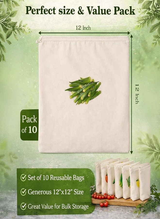 KRIVTEJ Reusable Cotton Vegetable Bags for Fridge – Breathable, Washable, Plastic-Free Ziplock Storage Bags for Fruits & Vegetables, 12x12 Inches, Pack of 10, Eco-Friendly Kitchen Organizer - Image 2