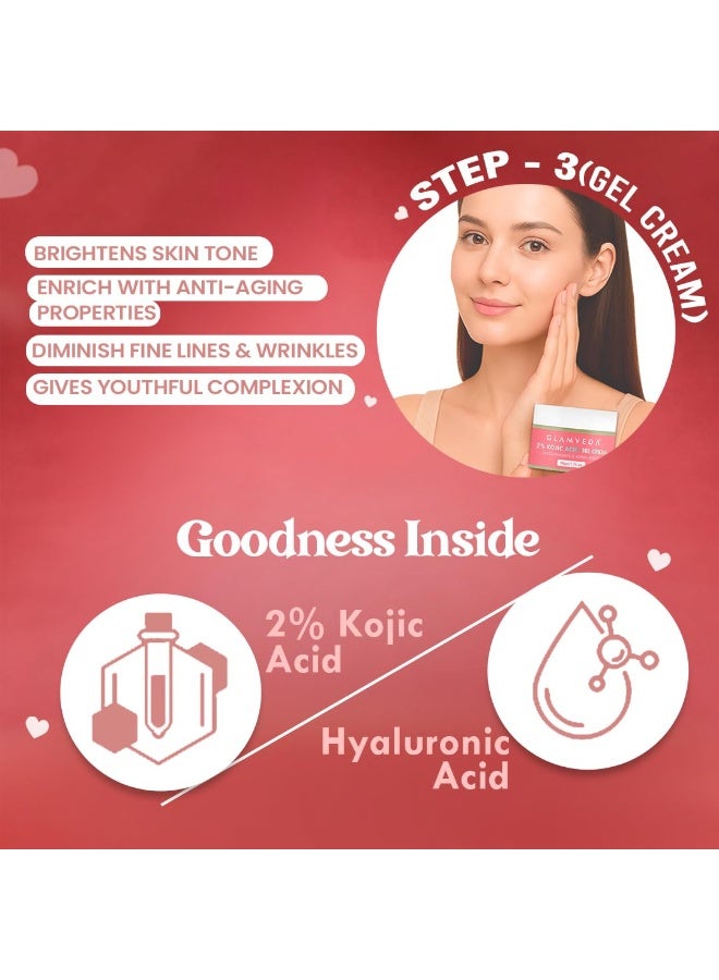 Glamveda Valentine Special 2% Kojic Acid Facewash 150ml, Serum 30ml& Cream 50g, Trio Skincare Gift Set for Women | Brightening, Hydrating & Acne Scar Treatment | Promotes Clear & Glowing Skin Valentine Gift for Her - Image 3