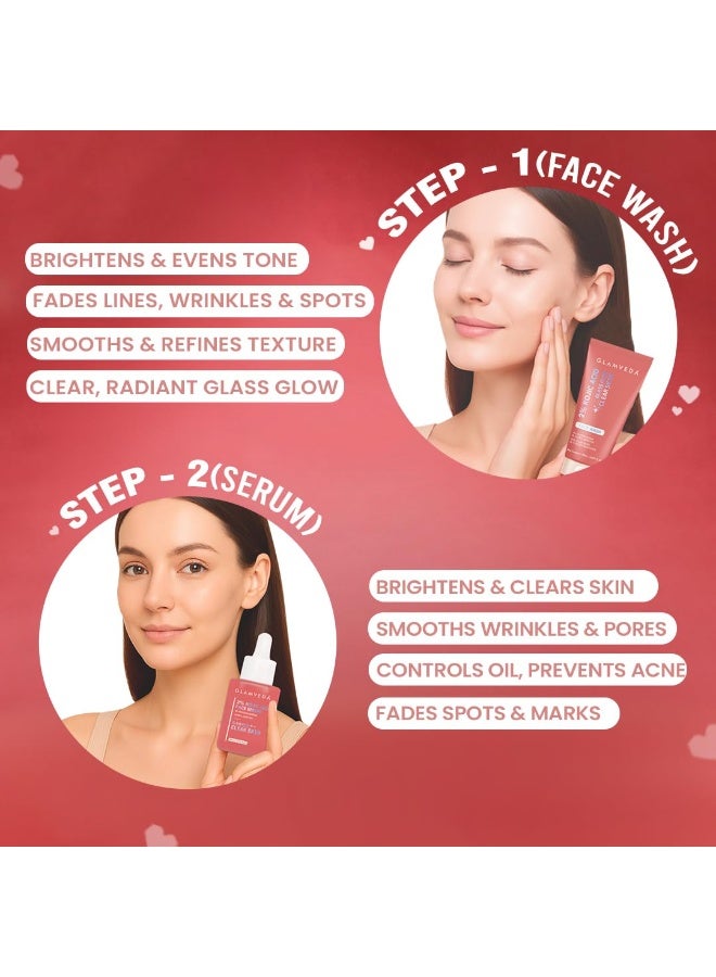 Glamveda Valentine Special 2% Kojic Acid Facewash 150ml, Serum 30ml& Cream 50g, Trio Skincare Gift Set for Women | Brightening, Hydrating & Acne Scar Treatment | Promotes Clear & Glowing Skin Valentine Gift for Her - Image 2