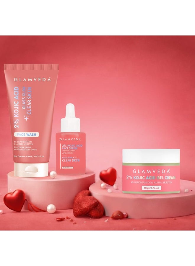 Glamveda Valentine Special 2% Kojic Acid Facewash 150ml, Serum 30ml& Cream 50g, Trio Skincare Gift Set for Women | Brightening, Hydrating & Acne Scar Treatment | Promotes Clear & Glowing Skin Valentine Gift for Her - Image 1
