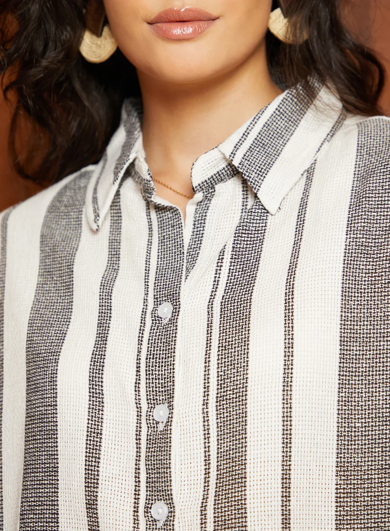 Campus Sutra Women's Charcoal Grey & Daisy White Multitrack-Striped Oversized Shirt