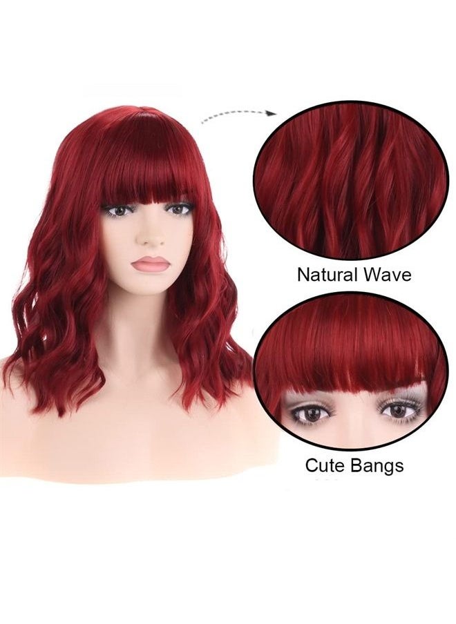 BERON - 14 Inches Red Wig for Women Wine Red Wig with Bangs Short Curly Wig Synthetic Wigs for Daily Party - Image 1