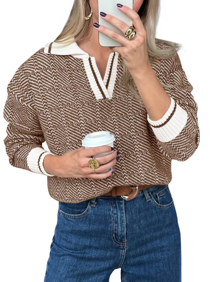 Saodimallsu Womens Fall Sweaters Tops Lapel V Neck Knit Sweater Color Block Long Sleeve Casual Soft Pullover Shirt Coffee - Image 1