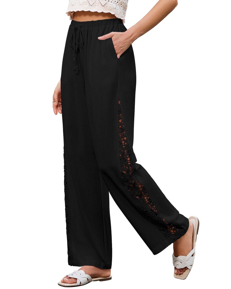 GRAPENT Linen Pants for Women Wide Leg Pants Woman Vacation Outfits for Women Pantalones para Mujer Black Large US Size 12-14 - Image 1