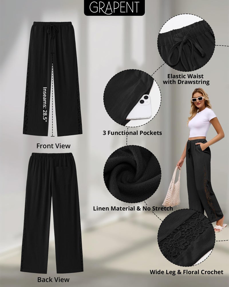 GRAPENT Linen Pants for Women Wide Leg Pants Woman Vacation Outfits for Women Pantalones para Mujer Black Large US Size 12-14 - Image 4