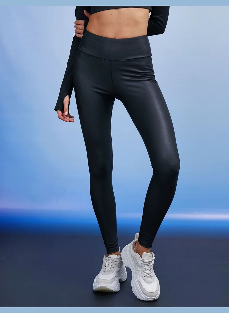 كوتون Leather Looking Medium Rise Sport Leggings
