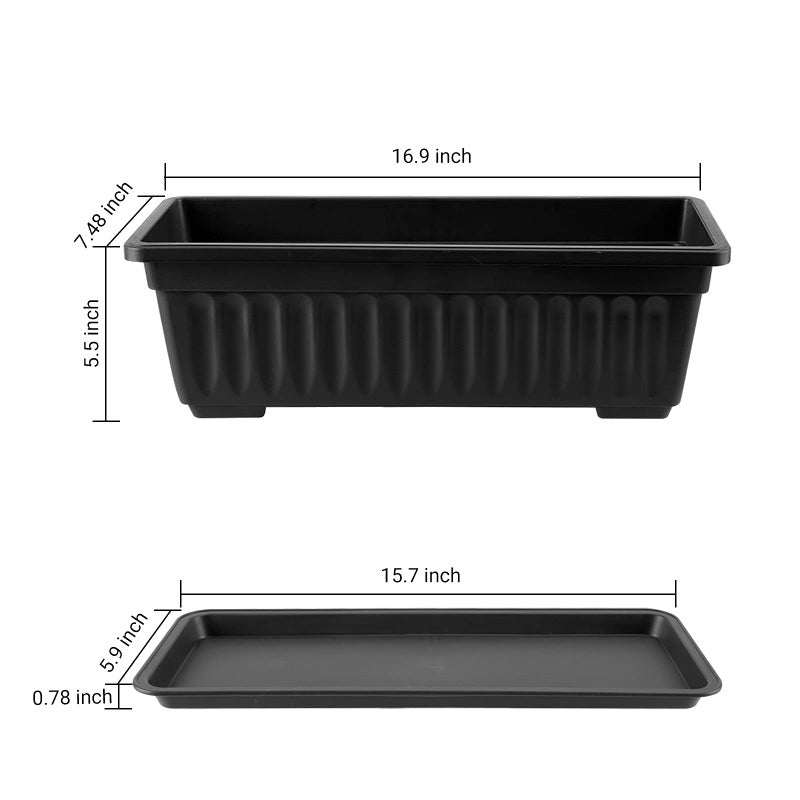 GREANER Rectangle Planters for Indoor Plants, 3 Pack Long Outdoor Plastic Flower Boxes Vegetable Growing Pots 16.9x7.48 Inch with Tray for Garden Balcony Windowsill House DIY - Black - Image 3