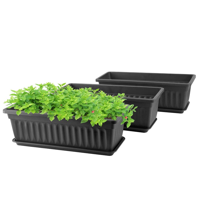 GREANER Rectangle Planters for Indoor Plants, 3 Pack Long Outdoor Plastic Flower Boxes Vegetable Growing Pots 16.9x7.48 Inch with Tray for Garden Balcony Windowsill House DIY - Black - Image 1