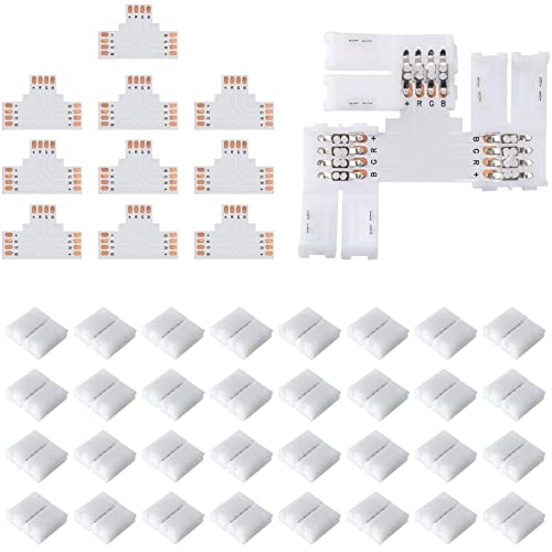JACKYLED T Shape 4-Pin LED Connectors 10-Pack 10mm Wide Unwired Solderless Gapless Adapter Connectors Terminal Extension 12V 72W with 32pcs Clips for 5050 3528 SMD RGB LED Strip Lights - Image 1