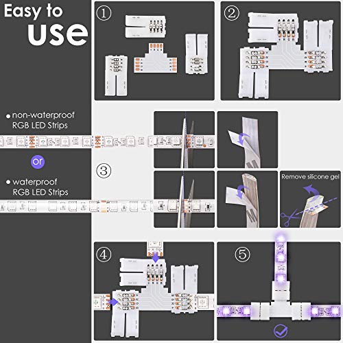 JACKYLED T Shape 4-Pin LED Connectors 10-Pack 10mm Wide Unwired Solderless Gapless Adapter Connectors Terminal Extension 12V 72W with 32pcs Clips for 5050 3528 SMD RGB LED Strip Lights - Image 5
