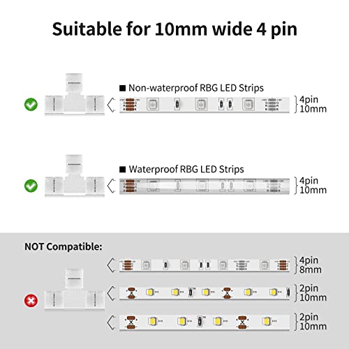 JACKYLED T Shape 4-Pin LED Connectors 10-Pack 10mm Wide Unwired Solderless Gapless Adapter Connectors Terminal Extension 12V 72W with 32pcs Clips for 5050 3528 SMD RGB LED Strip Lights - Image 2