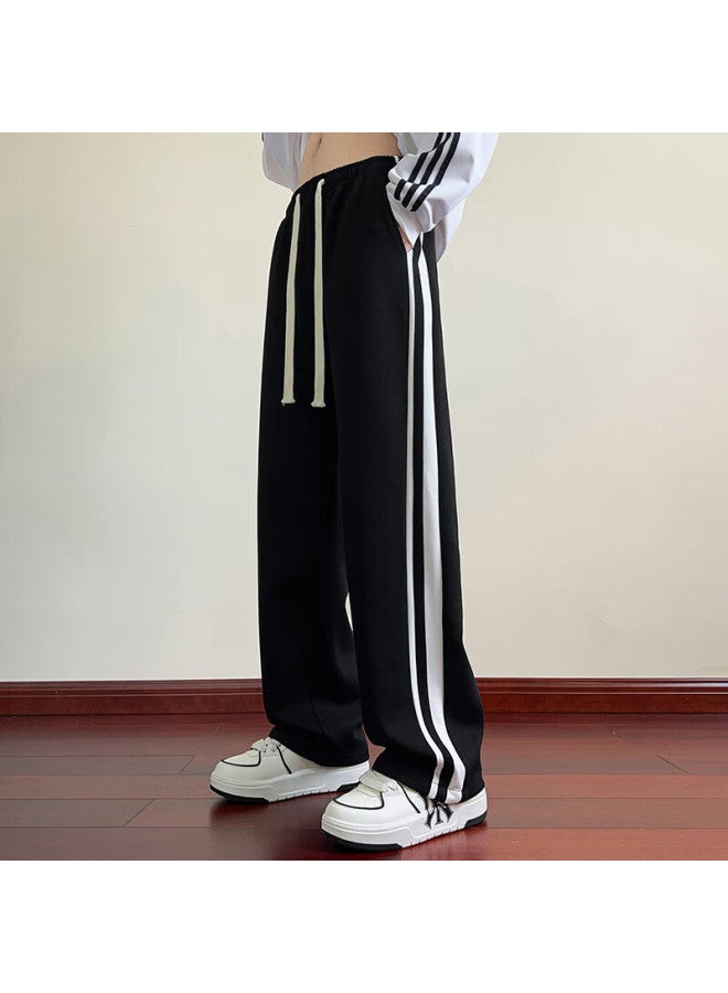 Dingfengbaoluo Men's American Straight-leg Casual Pants Spring Summer Loose Striped Sports Wide-leg Trousers Dfk46 Black L - Image 2