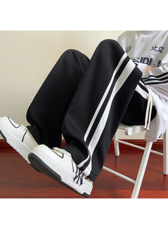 Dingfengbaoluo Men's American Straight-leg Casual Pants Spring Summer Loose Striped Sports Wide-leg Trousers Dfk46 Black L - Image 3