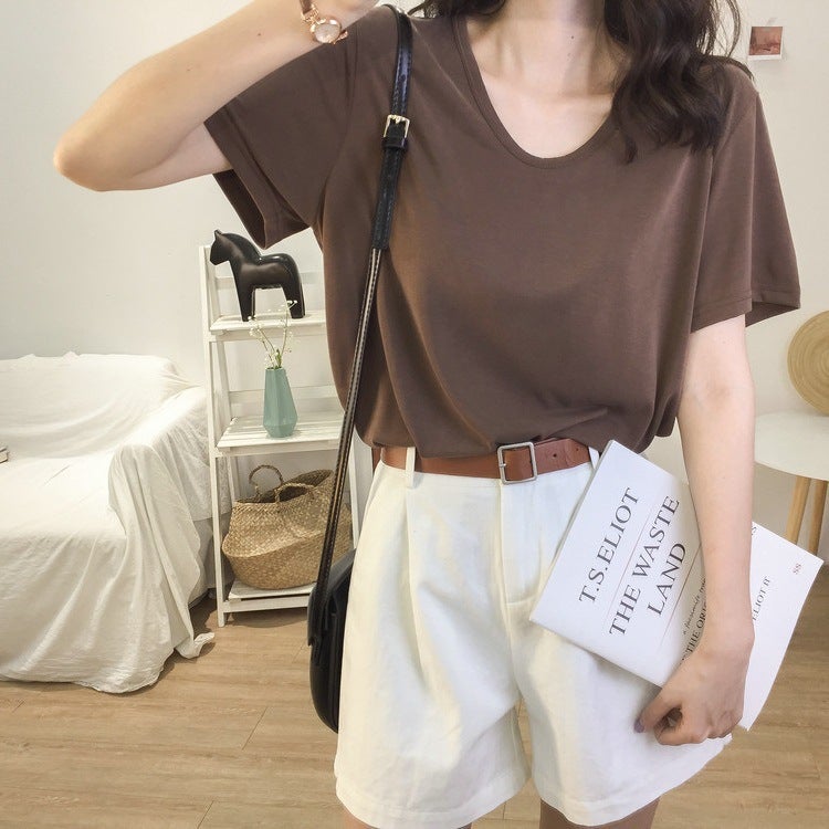 2022 solid color split short sleeve womens T-shirt ins foreign style V-neck Jacket Womens new summer Net red slim a generation of hair Black  - Image 2