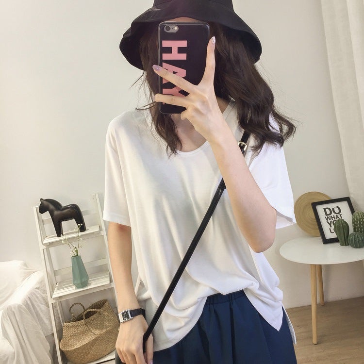 2022 solid color split short sleeve womens T-shirt ins foreign style V-neck Jacket Womens new summer Net red slim a generation of hair Black  - Image 3