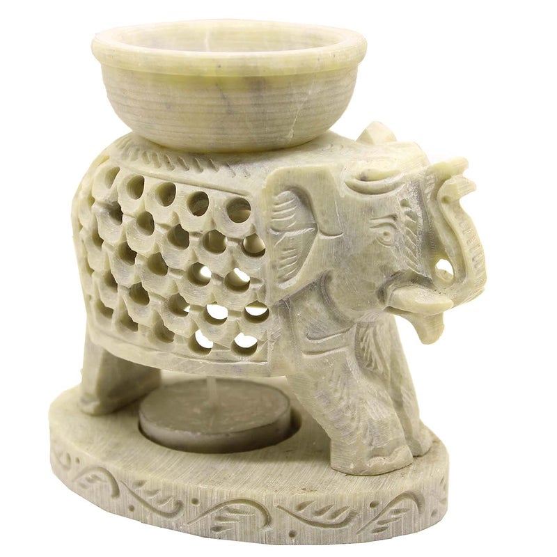 Kishore Arts Kishore Arts Marble Soapstone Aroma Candle Diffuser Oil Burner Tea Light Holder Handcrafted Elephant Trunk Up Carving for Home and Office Decor4 x 275 x 45cmK992  - Image 1