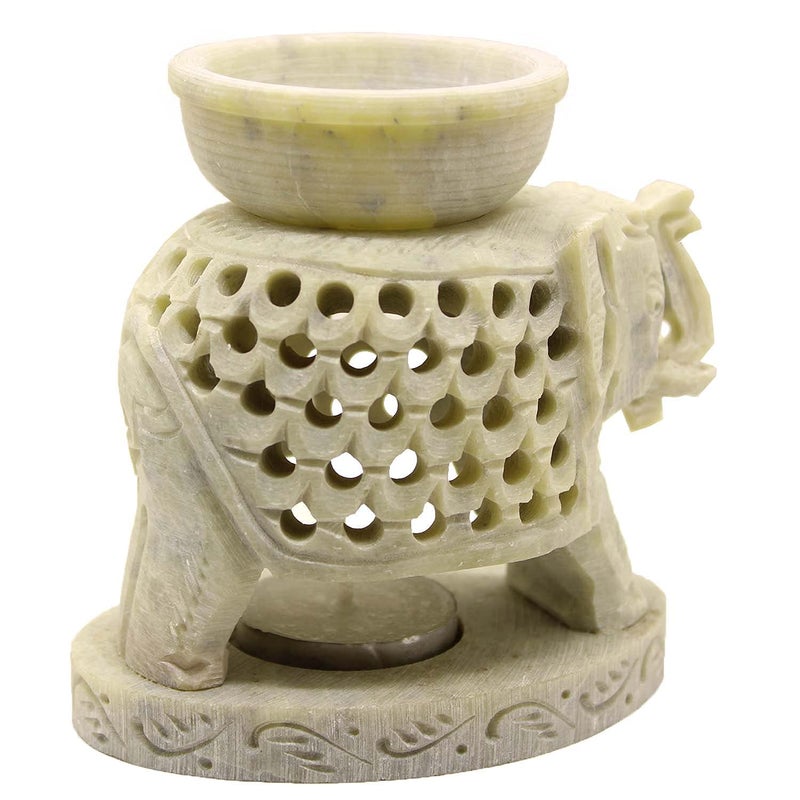 Kishore Arts Kishore Arts Marble Soapstone Aroma Candle Diffuser Oil Burner Tea Light Holder Handcrafted Elephant Trunk Up Carving for Home and Office Decor4 x 275 x 45cmK992  - Image 2