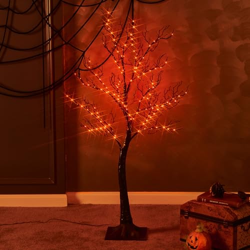 Fudios Lighted Black Halloween Trees with 150 Orange LED Fairy Lights 4FT Plug in Spooky Halloween Tree Lights for Indoor Outdoor Home Party Decor