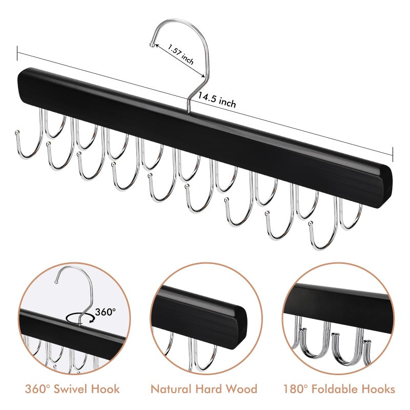 NECAMOCU 2 Pack Bra Hanger for Closet Organizer, Premium Wooden Tank Top Hangers with 36 Foldable Hooks, 360Â° Rotating Design, Space Saving Storage for Tank Tops, Bras, Scarves and More, Black - Image 2