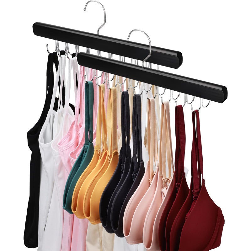 NECAMOCU 2 Pack Bra Hanger for Closet Organizer, Premium Wooden Tank Top Hangers with 36 Foldable Hooks, 360Â° Rotating Design, Space Saving Storage for Tank Tops, Bras, Scarves and More, Black - Image 1
