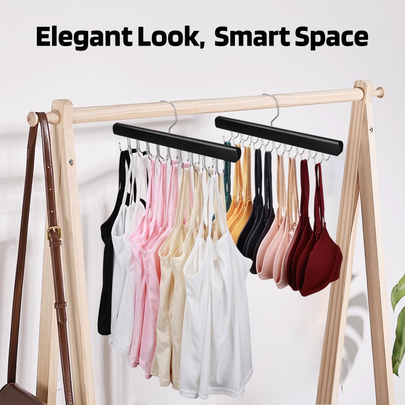 NECAMOCU 2 Pack Bra Hanger for Closet Organizer, Premium Wooden Tank Top Hangers with 36 Foldable Hooks, 360Â° Rotating Design, Space Saving Storage for Tank Tops, Bras, Scarves and More, Black - Image 4