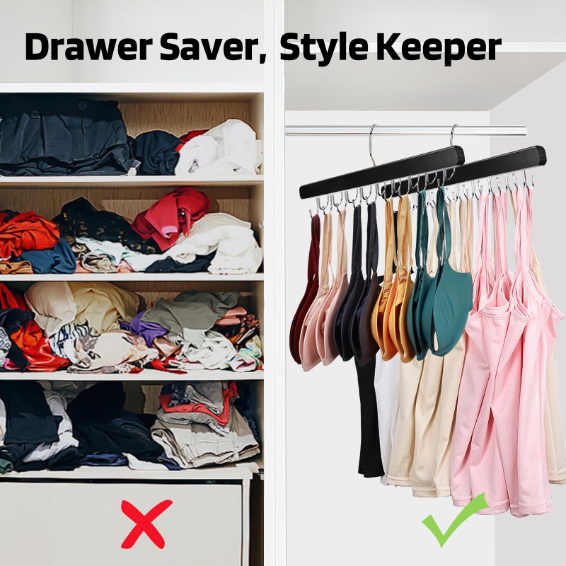 NECAMOCU 2 Pack Bra Hanger for Closet Organizer, Premium Wooden Tank Top Hangers with 36 Foldable Hooks, 360Â° Rotating Design, Space Saving Storage for Tank Tops, Bras, Scarves and More, Black - Image 3