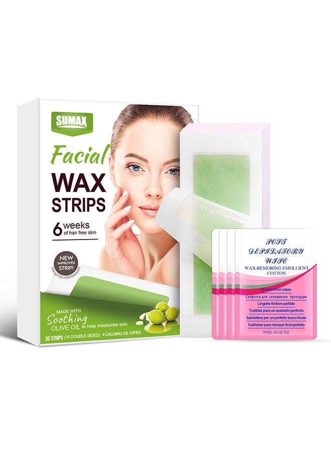SUMAX Wax Strips for Hair Removal, Double Sides Facial Body Wax Strips, Waxing Kit with 30 Face Wax Strips and 4 Calming Oil Wipes - Image 1