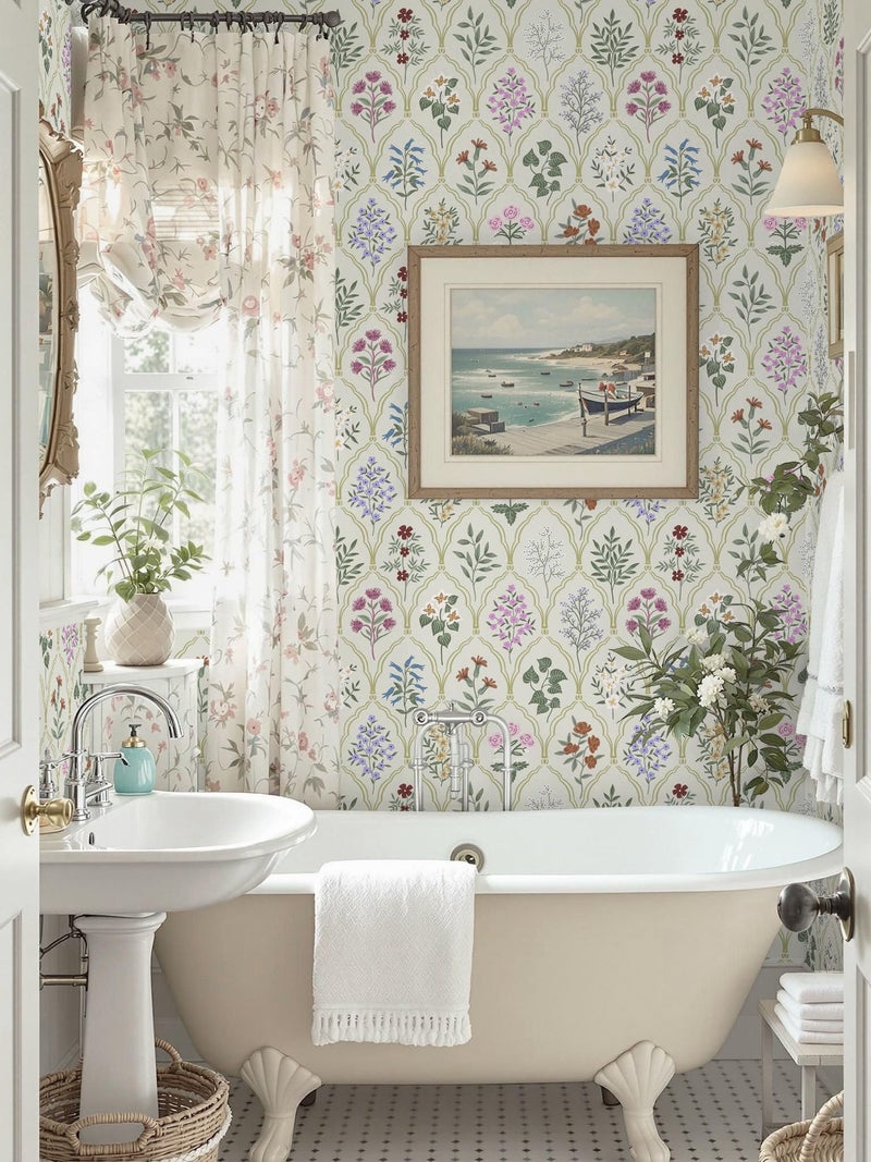 Dimoon 78.7"x17.3" Peel and Stick Wallpaper Floral Vintage Contact Paper Modern Removable Wallpaper Boho Beige Pink Self Adhesive Wall Paper for Cabinets Drawers Bathroom Bedroom Thicken Vinyl Roll - Image 5