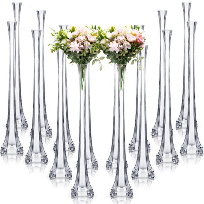 16 PCS EIFFEL TOWER VASE BULK FOR CENTERPIECES 20 INCH CLEAR TALL SKINNY VASES LONG GLASS FLOWER STAND FLORAL CONTAINER FOR WEDDING FLOWER ARRANGEMENT LIVING ROOM HOME TABLE DECORATIONS