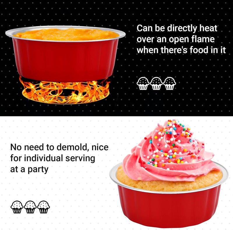 Beasea Disposable Aluminum Foil Cups 100 Pack, 8 oz 235ml 3.9" Bake Ramekin Cup Muffin Cupcake Baking Cup Mini Pudding Cups for Party Wedding Birthday - Red - Image 4