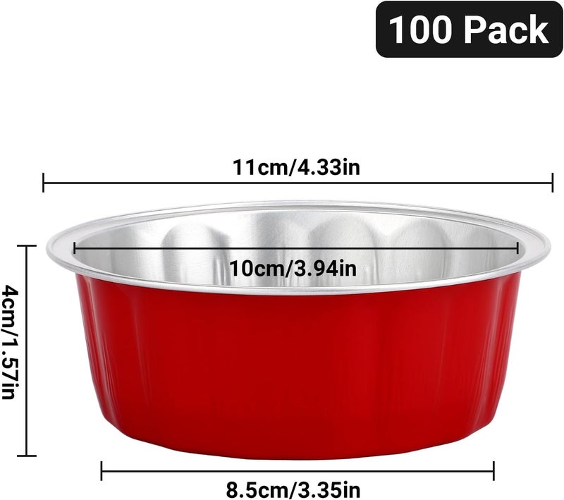 Beasea Disposable Aluminum Foil Cups 100 Pack, 8 oz 235ml 3.9" Bake Ramekin Cup Muffin Cupcake Baking Cup Mini Pudding Cups for Party Wedding Birthday - Red - Image 2