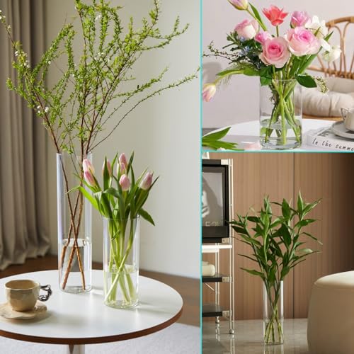 Liotww 3 Pcs Acrylic Clear Cylinder Flower Vase for Plants Bouquet, Unbreakable Hurricane Tall Large Plastic Vases for Wedding Centerpieces, Hydroponic Decor Base Set of 3 (H 8" + H 10" + H 12" No Flowers) - Image 5